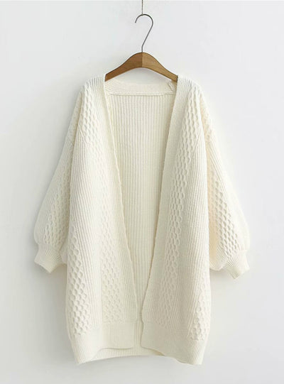 V neck Lantern Sleeve Open Stitch Loose Sweater Jacket