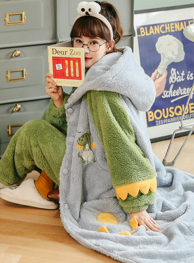 Green Dinosaur Pajama Flannel Velvet Padded Nightgown Hooded