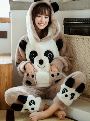 Brown Bear Suit Coral Fleece Pajamas Women Thicken