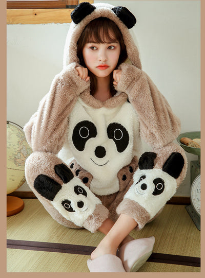 Brown Bear Suit Coral Fleece Pajamas Women Thicken