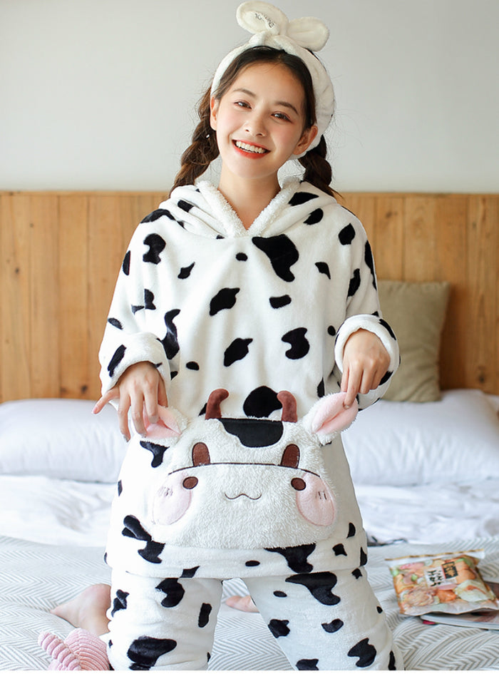 Winter Hooded Pajamas Cow Nightwear Suit