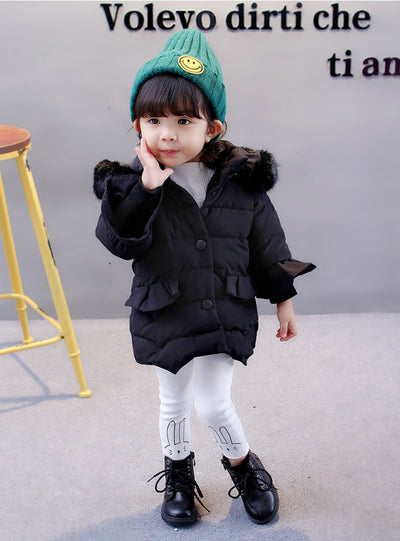 Cotton Padded Down Jacket Girls With Big hat