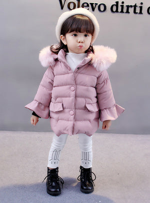 Cotton Padded Down Jacket Girls With Big hat
