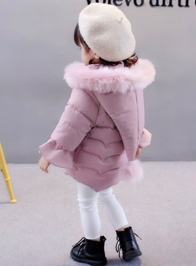 Cotton Padded Down Jacket Girls With Big hat