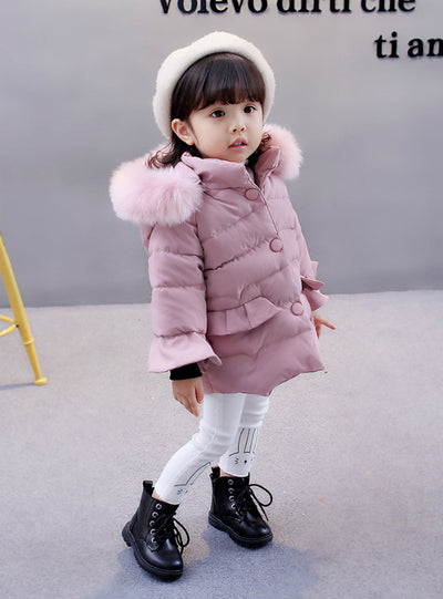 Cotton Padded Down Jacket Girls With Big hat