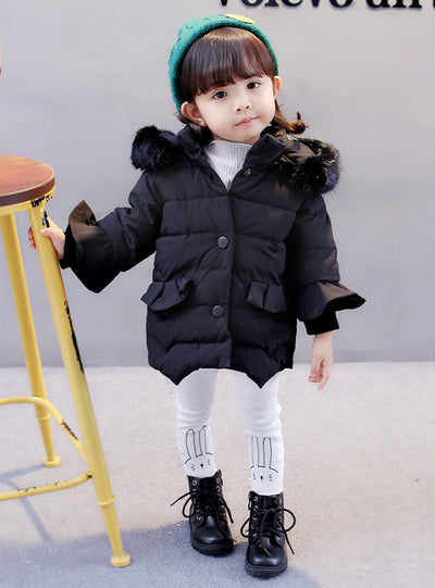 Cotton Padded Down Jacket Girls With Big hat