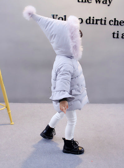 Cotton Padded Down Jacket Girls With Big hat