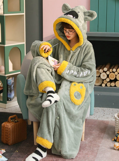 Green Long Sleeping Coral Velvet Pajamas Cute Flannel