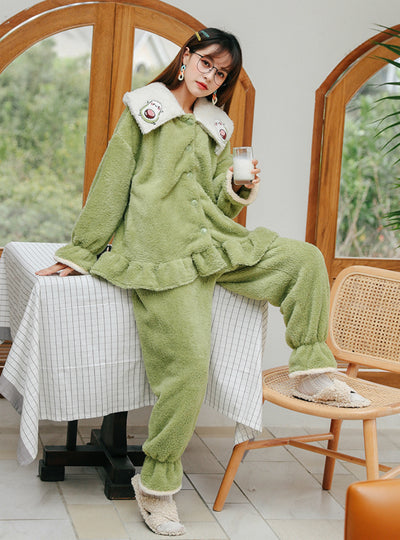 Thickened Avocado Green Two-piece Suit Pajamas