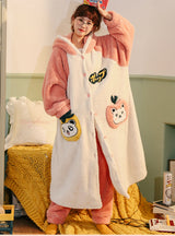 Winter Pink Sweet Lovely Thick Flannel Nightgown Set