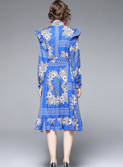 Collar Waist Print Ruffled Dress