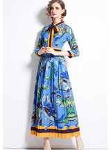Printed Pleated Slim Medium and Long Dress