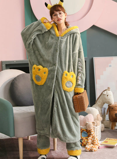 Green Long Sleeping Coral Velvet Pajamas Cute Flannel