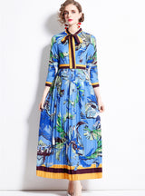 Printed Pleated Slim Medium and Long Dress