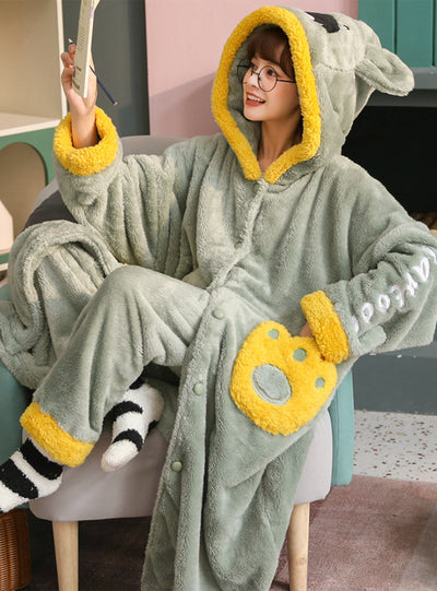 Green Long Sleeping Coral Velvet Pajamas Cute Flannel