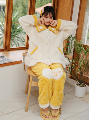 Women Yellow White Long Sleeve Heart Pajamas