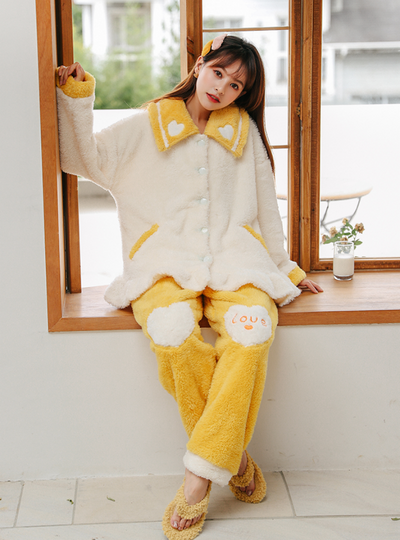 Women Yellow White Long Sleeve Heart Pajamas