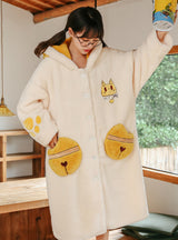 White Cat Bell Thickened Coral Fleece Long Robe