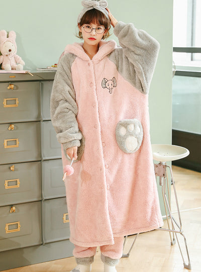 Pink Elephant Winter Flannel Long Nightgown Set