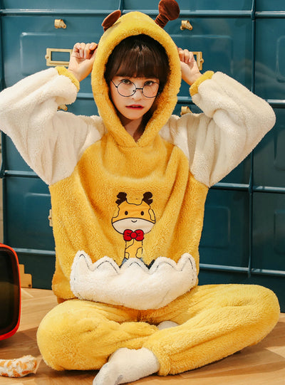Women's Winter Yellow Coral Velvet Pajamas Cute Nightwear
