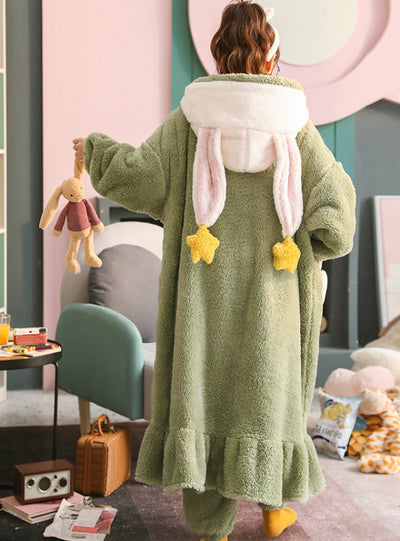 Green Rabbit Warm Robe Suit Women's Lovely Flannel