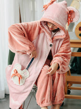 Pink Bear Lovely Two-piece Set Long Flannel Nightgown