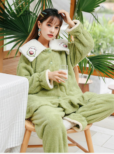 Thickened Avocado Green Two-piece Suit Pajamas