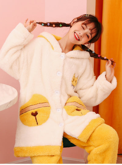 Women White Cat Bell Tuit Thickened Coral Fleece Long Robe