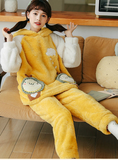 Yellow Cartoon Winter Coral Velvet Thickening Suit