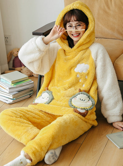 Yellow Cartoon Winter Coral Velvet Thickening Suit
