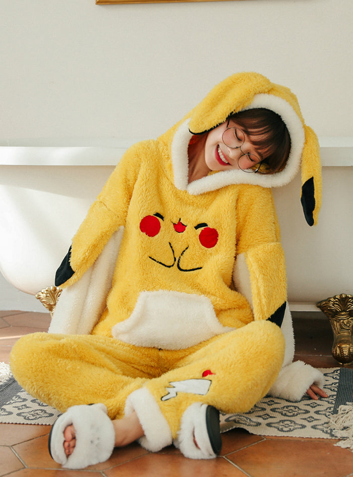 Women Winter Yellow Pikachu Hooded Pajamas