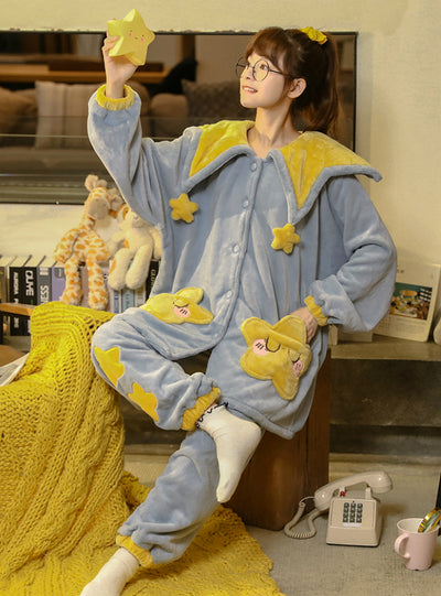 Yellow Star Coral Velvet Pajamas Thickening Velvet