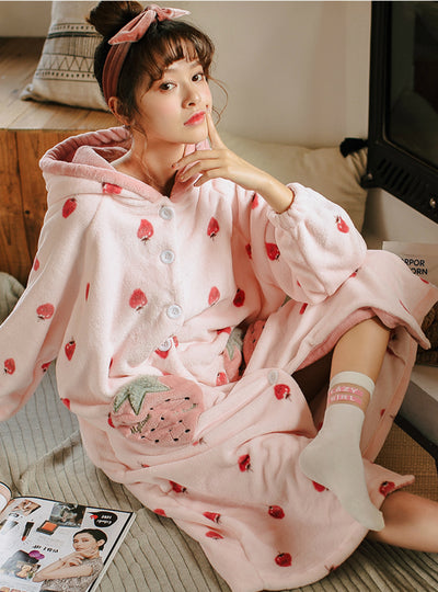 Pink Strawberry Sweet And Lovely Flannel Home Clothes