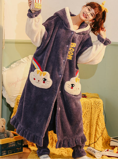 Women Purple Pajama Winter Cute Thick Coral Fleece Pajamas