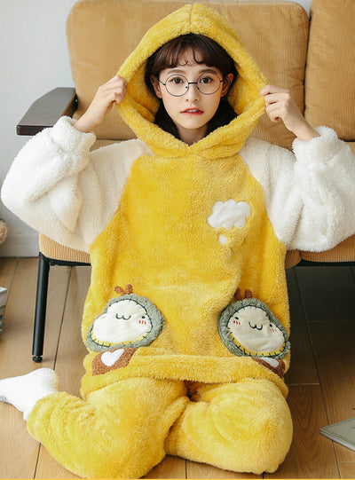 Yellow Cartoon Winter Coral Velvet Thickening Suit