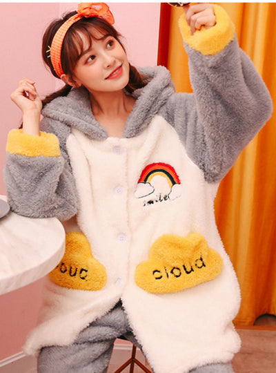 Women Gray Rainbow Clouds Coral Fleece Pajamas Suit
