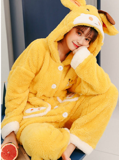 Yellow Cow Coral Velvet Thickened Keep Warm Nightwear
