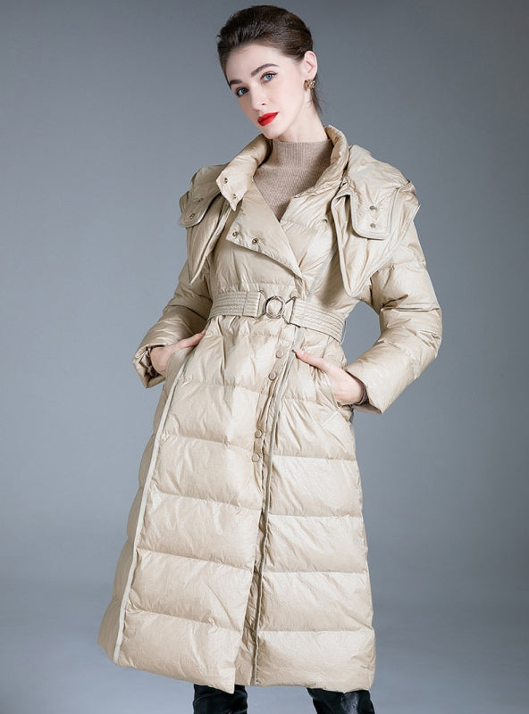 Over-the-knee Long Waist White Duck Down Coat
