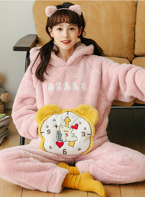 Pink Alarm Clock Lovely Flannel Velvet Thickening Suit