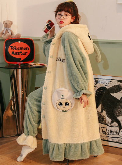 Women Green Hooded Robe Female Coral Fleece Long