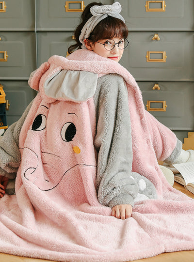 Pink Elephant Winter Flannel Long Nightgown Set
