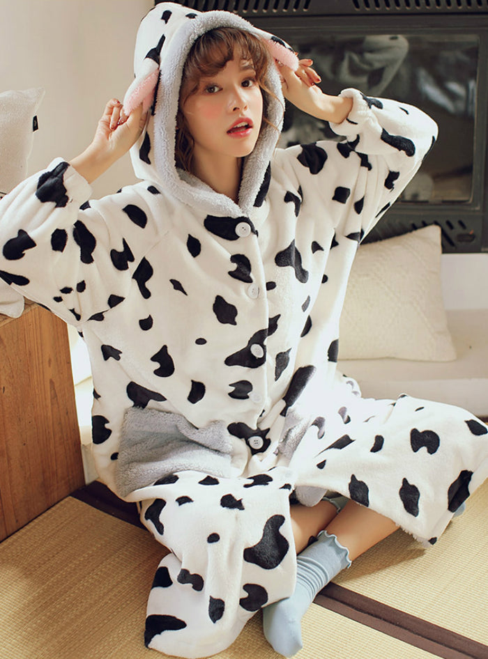 Cow Coral Fleece Pajamas Women Thicken Korean