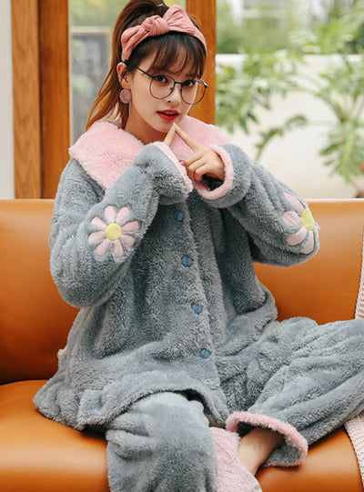 Women Blue Cherry Blossoms Coral Velvet Pajamas Women Thick Warm