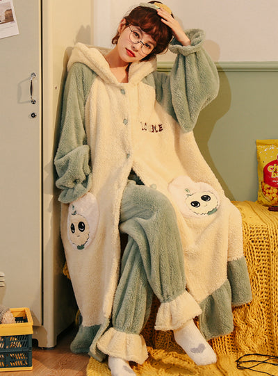 Women Green Hooded Robe Female Coral Fleece Long