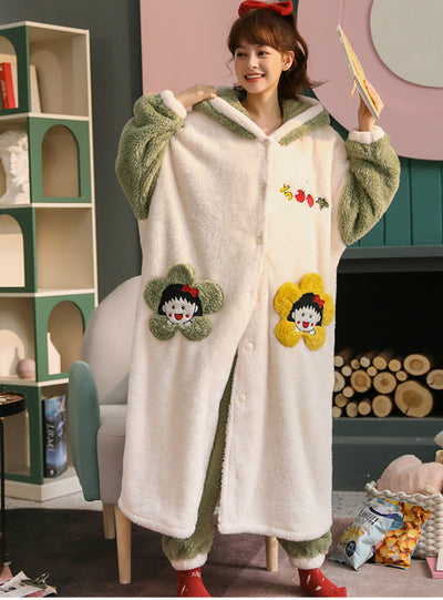 Green Pajama Flannel Velvet Padded Nightgown Hooded