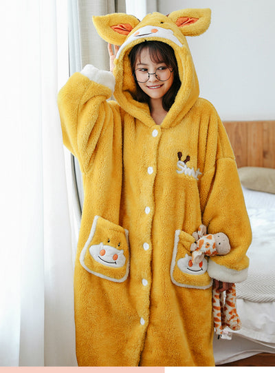Yellow Cute Cow Coral Velvet Robe Thick Long