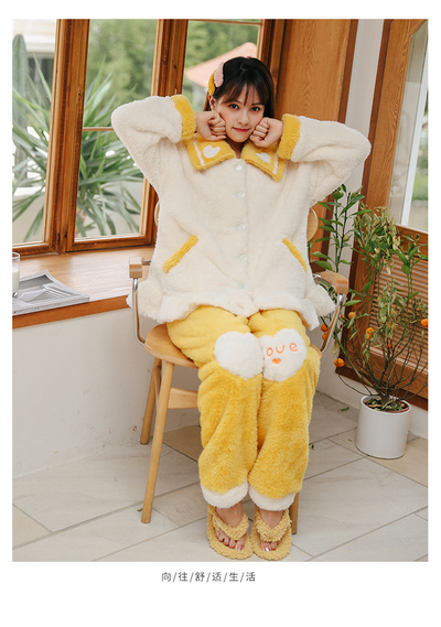 Women Yellow White Long Sleeve Heart Pajamas