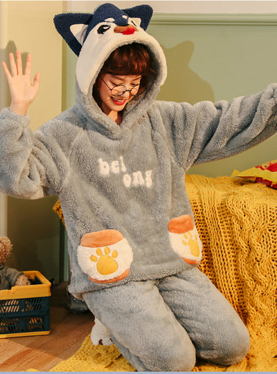 Women Gray Two-piece Hooded Flannel Nightwear
