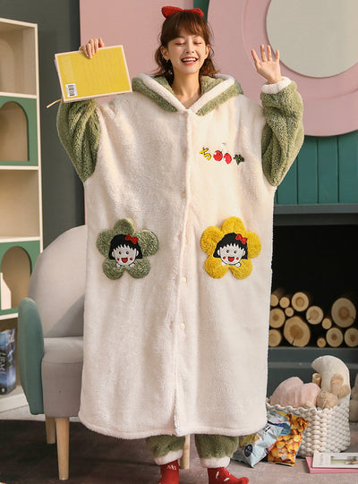 Green Pajama Flannel Velvet Padded Nightgown Hooded