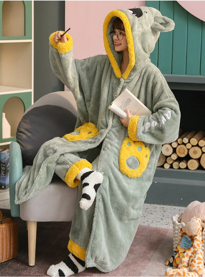 Green Long Sleeping Coral Velvet Pajamas Cute Flannel